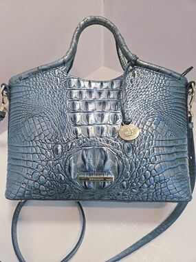 NWOT Brahmin Duxbury Satchel Blue Metallic Croc Embossed Leather Handbag + Strap